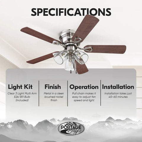 42 Inch Brushed Nickel Ceiling Fan With LED Light Kit Quiet Indoor Cooling For Rooms Up To 350 Sq Ft 3 Speeds 5 Reversible Blades