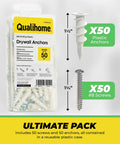 Heavy Duty Self Drilling Drywall Anchors And Screws Kit With Reusable Storage Case Includes 50 Drywall Anchors And 50 Number 8 One And One Quarter Inch Screws For Quick No Pre Drill Install In Drywall Perfect For DIY Projects By Qualihome, showing packaging and product sizes.