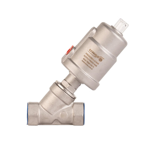 UNOX 3/4-inch stainless steel pneumatic valve, angle-seat, normally closed, threaded connection, single-acting