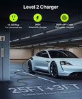 Level 2 Electric Vehicle Charger 40 Amp 9.6 Kw J1772 Connector Wall Mount Bracket Portable Bag Plug And Play Fast Charge For Electric Cars, showing 25ft charging cable and car.