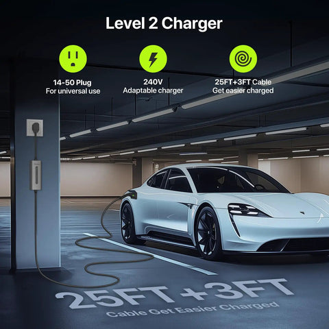 Level 2 Electric Vehicle Charger 40 Amp 9.6 Kw J1772 Connector Wall Mount Bracket Portable Bag Plug And Play Fast Charge For Electric Cars, showing 25ft charging cable and car.