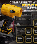Cordless 20V Max Leaf Blower With 40000 RPM Brushless Motor in workshop, showing compatibility with Dewalt 20V batteries