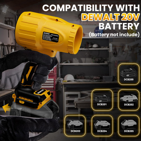 Cordless 20V Max Leaf Blower With 40000 RPM Brushless Motor in workshop, showing compatibility with Dewalt 20V batteries