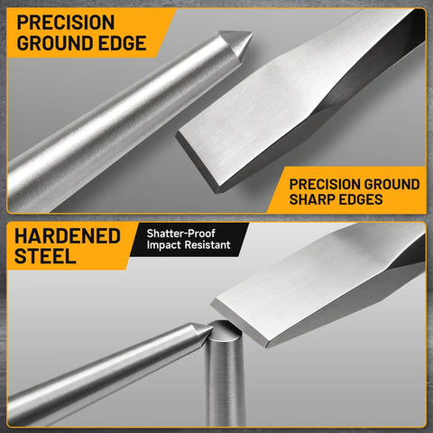 Close-up of 16 Piece Metal Punch And Chisel Set For Wood And Auto Projects With Precision Sharpened Edges, Heavy Duty And Impact Resistant