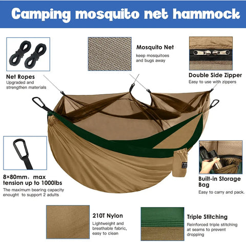 Cozy Double Camping Hammock With Bug Net For Outdoors Hiking And Travel, 500 lbs capacity, khaki and green design with net and straps.