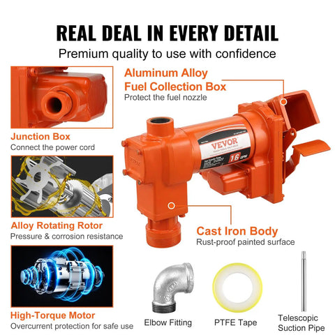 Heavy Duty 12V DC Fuel Transfer Pump 16 GPM Gasoline Extractor Kit For Tractors with aluminum alloy box and cast iron body.