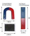 Ultimate Kid Friendly Magnet Kit For Physics And Science Experiments At School Or Home including horseshoe magnet, bar magnet, and powder box with dimensions labeled.