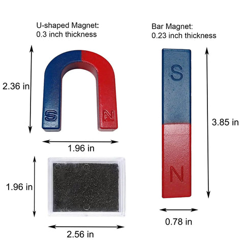 Ultimate Kid Friendly Magnet Kit For Physics And Science Experiments At School Or Home including horseshoe magnet, bar magnet, and powder box with dimensions labeled.
