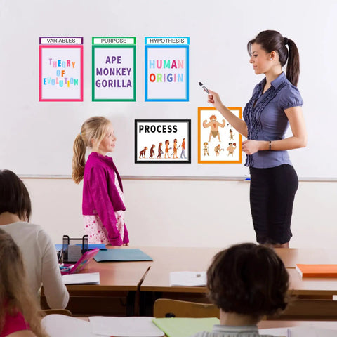 Teacher and student with colorful self adhesive science fair display kit with 22 sheets of subtitles, project titles, and letter stickers
