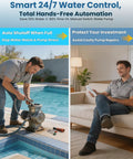 Man using Wireless Water Level Controller With Long Range 9842ft Auto Pump Control System by a pool, showing auto shutoff feature.