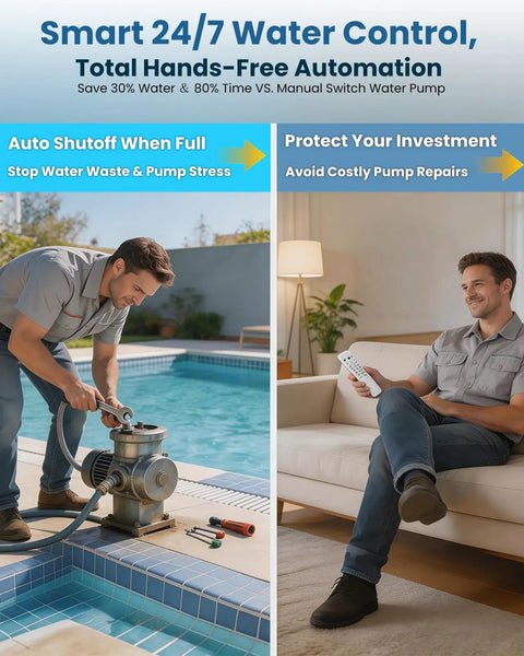Man using Wireless Water Level Controller With Long Range 9842ft Auto Pump Control System by a pool, showing auto shutoff feature.