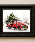 Watercolor Red Pickup Truck Wall Art Featuring a Christmas Tree in Tow for Cozy Farmhouse Holiday Decor Vibes, Unframed 11x14 Inch Print