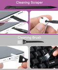 2 Pack Screen Cleaner Kit For Laptops Phones Tablets And Cars With 10ml Spray Dual Cleaning Sprays Microfiber Cloth On Face Soft Cleaning Pen For AirPods And Ports Keyboard Brush Portable All In One Cleaning Set showing cleaning scraper and brush in use.