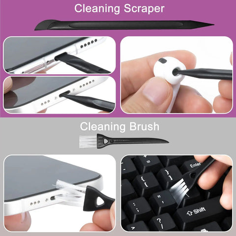 2 Pack Screen Cleaner Kit For Laptops Phones Tablets And Cars With 10ml Spray Dual Cleaning Sprays Microfiber Cloth On Face Soft Cleaning Pen For AirPods And Ports Keyboard Brush Portable All In One Cleaning Set showing cleaning scraper and brush in use.