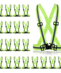 20 Pack Bright Yellow High Visibility Reflective Safety Vests With 360 Degree Glow Adjustable Quick Release Buckles arranged in rows.