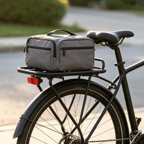 Heavy Duty Steel Rear Bike Rack For E-Bike Mounting Holes 24.5 Cm Adds Luggage Space To Your Steed With Secure Fit And Durable Build. rear view with gray bag