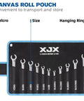 11 Piece Flare Nut Wrench Set Pro Grade Heavy Duty SAE And Metric in a black canvas roll pouch, wrenches on display.