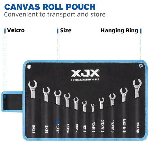 11 Piece Flare Nut Wrench Set Pro Grade Heavy Duty SAE And Metric in a black canvas roll pouch, wrenches on display.