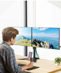 Dual Monitor Stand For 13 To 27 Inch Screens, Free Standing Full Motion Desk Mount With Boss Level Adjustability, holding two monitors