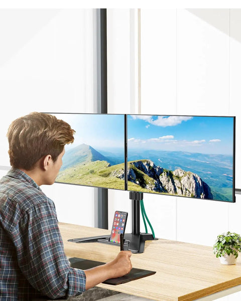 Dual Monitor Stand For 13 To 27 Inch Screens, Free Standing Full Motion Desk Mount With Boss Level Adjustability, holding two monitors