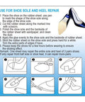 Instructions for using multipurpose rubber sheet for shoe sole and heel repair, with six illustrated steps and blue high heels.