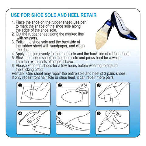 Instructions for using multipurpose rubber sheet for shoe sole and heel repair, with six illustrated steps and blue high heels.