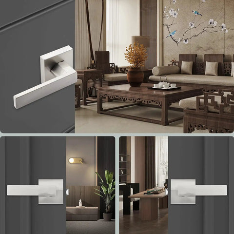Six Pack Keyless Passage Lever Door Handle Set For Hallways And Closets Heavy Duty Reversible Satin Nickel Finish in modern room