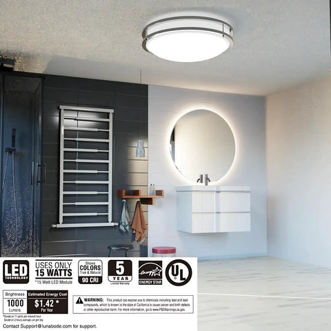 Dimmable LED Ceiling Light With Dope Double Ring Design for bathrooms, 22W, brushed nickel finish, mounted on ceiling.