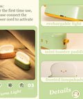 Cute Toast Lamp With Smile Face Night Light LED Dimmable Bread Light Rechargeable with warm glow and USB port shown
