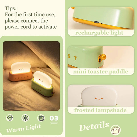 Cute Toast Lamp With Smile Face Night Light LED Dimmable Bread Light Rechargeable with warm glow and USB port shown