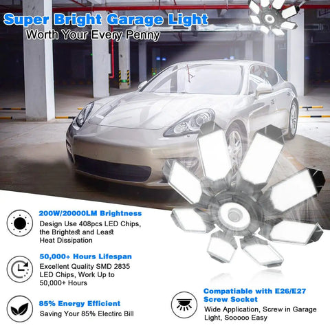 Ultra Bright 200W LED Garage Light With 8 Adjustable Panels for E26 E27 Sockets illuminating a car in a garage scene