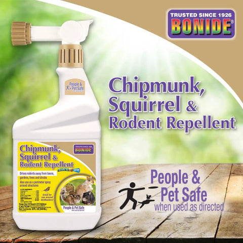 Outdoor Chipmunk Squirrel and Rodent Repellent Spray 32 Oz Ready to Spray Formula with label, on wood surface.