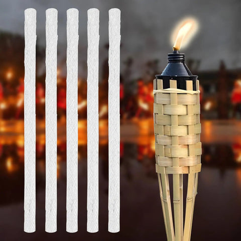 5 Pack Replacement Wicks For Tiki Torches And Oil Lamps Built To Last Premium Long Life Fiberglass Torch Wicks displayed next to a lit tiki torch outdoors