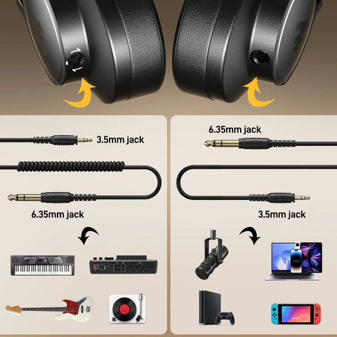 Studio Monitor DJ Headphones With 50mm Drivers Closed-Back Over-Ear Wired Headset For Music Production Recording Podcast Guitar Amp Or Keyboard 3.5mm To 6.35mm Jack MH700 Black showing various device compatibility