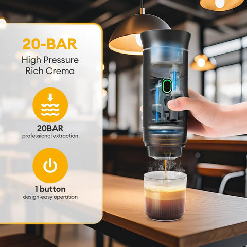 Portable Espresso Machine Featuring Self Heating System And 20 Bar Pressure Extraction For Road Trips Camping And Travel Adventures brewing coffee with crema.