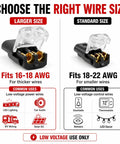 30 Pcs Quick Connect Wire Connectors No Stripping Easy Snap In Double Wire Plug In Connector for LED Strip Lights showing size options for 16-18 AWG and 18-22 AWG