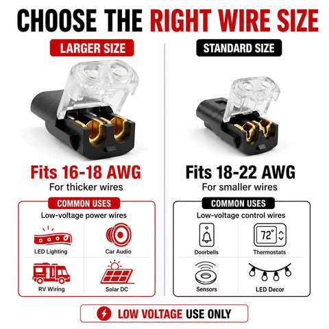 30 Pcs Quick Connect Wire Connectors No Stripping Easy Snap In Double Wire Plug In Connector for LED Strip Lights showing size options for 16-18 AWG and 18-22 AWG