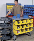 Heavy Duty Steel Mobile Bin Cart Organizer With Powder Coated Worktop For Kickass Garage Organization Setup 38 Inch Wide 24 Inch Deep 36 Inch Tall Gray Badass Rolling Utility Cart with yellow and blue bins.