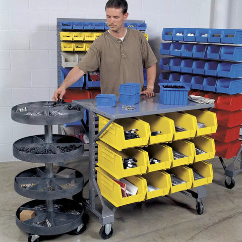 Heavy Duty Steel Mobile Bin Cart Organizer With Powder Coated Worktop For Kickass Garage Organization Setup 38 Inch Wide 24 Inch Deep 36 Inch Tall Gray Badass Rolling Utility Cart with yellow and blue bins.