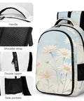 Pastel Pink White Daisies Printed Unisex Backpack With Large Capacity, Durable Polyester Daypack showing features including handle, shoulder strap, double zipper, side pockets.