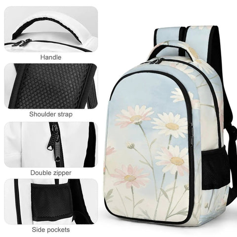 Pastel Pink White Daisies Printed Unisex Backpack With Large Capacity, Durable Polyester Daypack showing features including handle, shoulder strap, double zipper, side pockets.