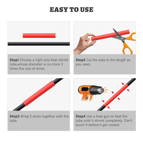 Instructions for using waterproof red and black heat shrink tubing kit with 3 to 1 shrink ratio on wires.