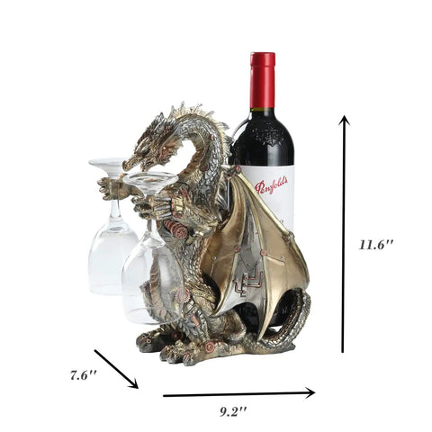 Steampunk Dragon Wine Bottle Holder With Two Glasses Metal Gothic Wine Rack For Home Bar Man Cave Decor Gift For Men 11.6 Inch High