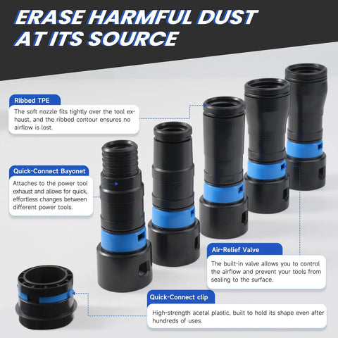 Expandable Vacuum Hose Kit Pro Grade with quick-connect adapters and ribbed TPE for dust collection