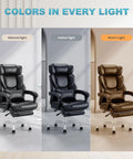 Ergonomic Office Chair With Retractable Footrest And Removable Lumbar Pillow For All Day Comfort High Back Boss Level Executive Computer Desk Chair For Home Office 90 To 135 Degree Recline Thick Bonded Leather Black seen in different lighting conditions.