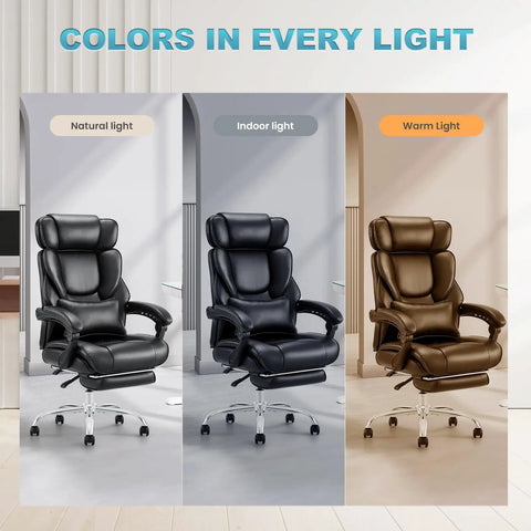 Ergonomic Office Chair With Retractable Footrest And Removable Lumbar Pillow For All Day Comfort High Back Boss Level Executive Computer Desk Chair For Home Office 90 To 135 Degree Recline Thick Bonded Leather Black seen in different lighting conditions.