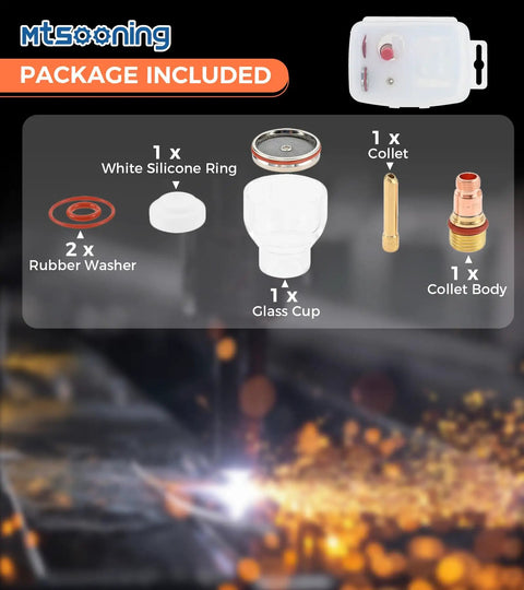 Pro TIG Gas Lens Glass Cup Kit for WP17 WP18 WP26 Torch components, including high heat glass cup and stubby collet body