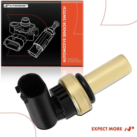 Front view of A-Premium engine coolant temperature sensor, two-pin brass body with black plastic connector
