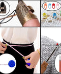 Beginner Friendly Punch Needle Embroidery Kit With 43 Pieces For DIYers, showing thimbles, stitch markers, measuring tape, and seam ripper.
