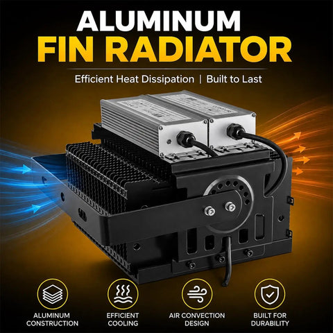 Heavy Hitter Led Flood Light 200W To 1500W Top Shelf Lumens Outdoor Area Spotlight showing aluminum fin radiator for efficient cooling.